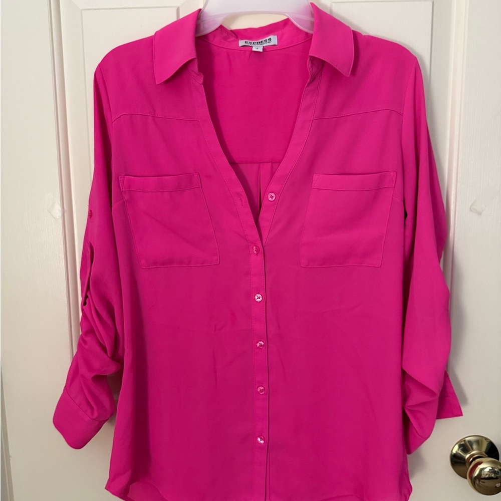 Express Portofino Button Down Blouse with Notched Collar